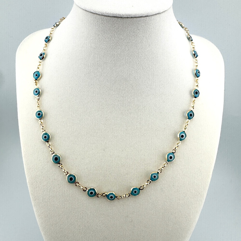 Gold Tone Evil Eye Station Necklace Blue Glass Nazar Protection Charm 18 Inch